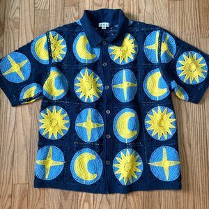 Pol Shirt POL Top Button Down Shirt Crocheted Open Knit Blue Yellow Collared New